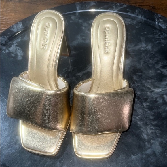 Open Edit Gold Block Heel Mules Womens Shoes - Picture 1 of 7
